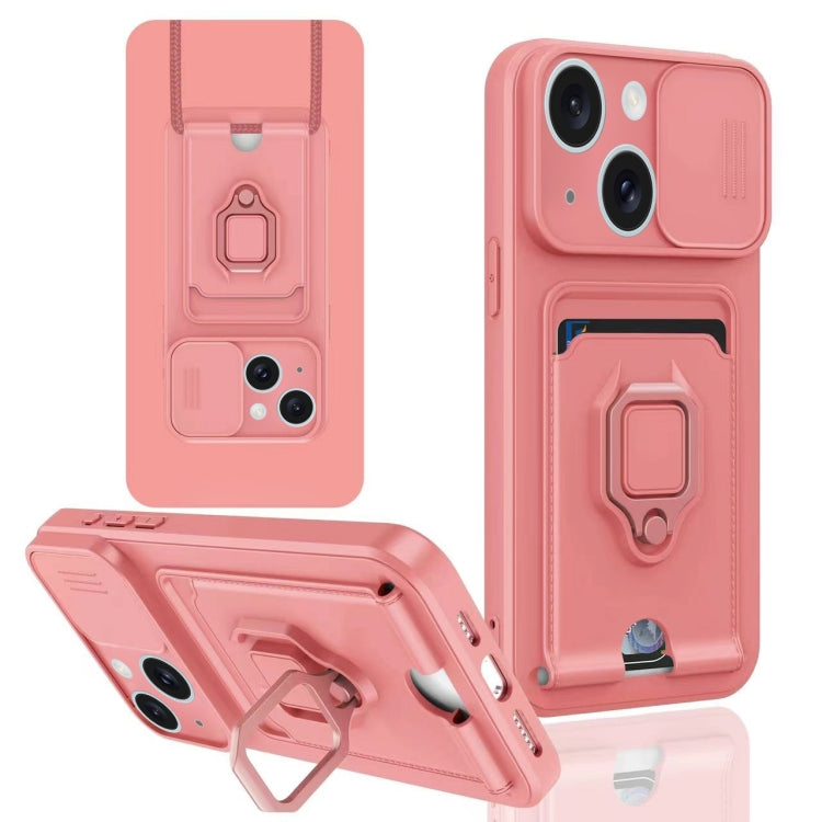 For iPhone 15 Plus Sliding Camshield Magnetic Card Holder Silicone Phone Case - Pink