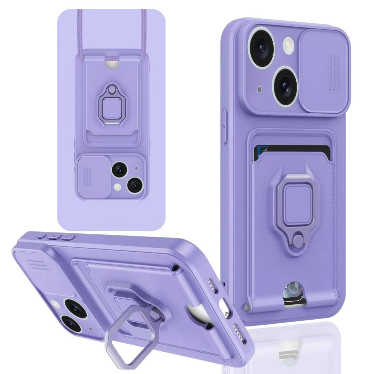 For iPhone 15 Plus Sliding Camshield Magnetic Card Holder Silicone Phone Case