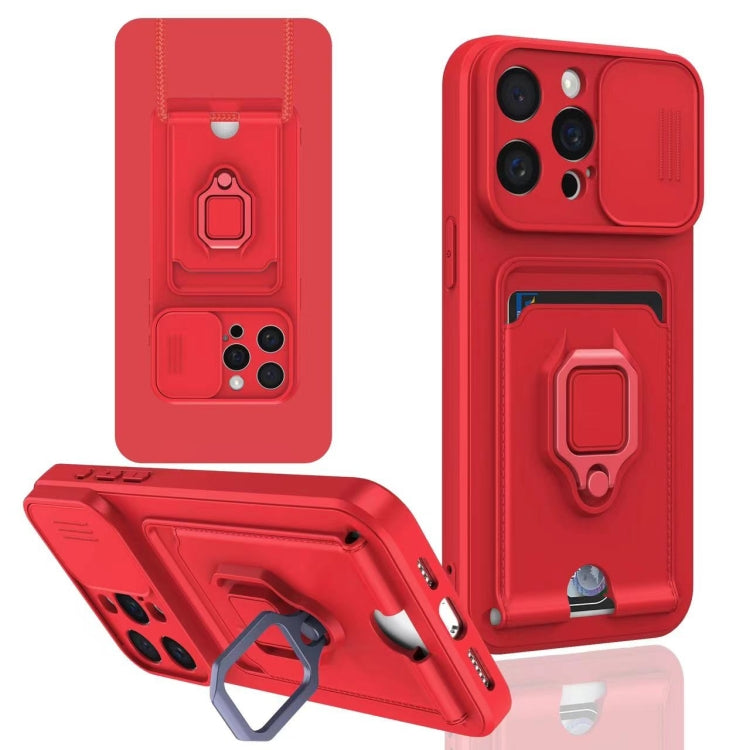 For iPhone 14 Pro Sliding Camshield Magnetic Card Holder Silicone Phone Case