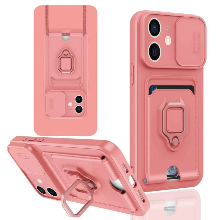 For iPhone 12 Sliding Camshield Magnetic Card Holder Silicone Phone Case - Pink