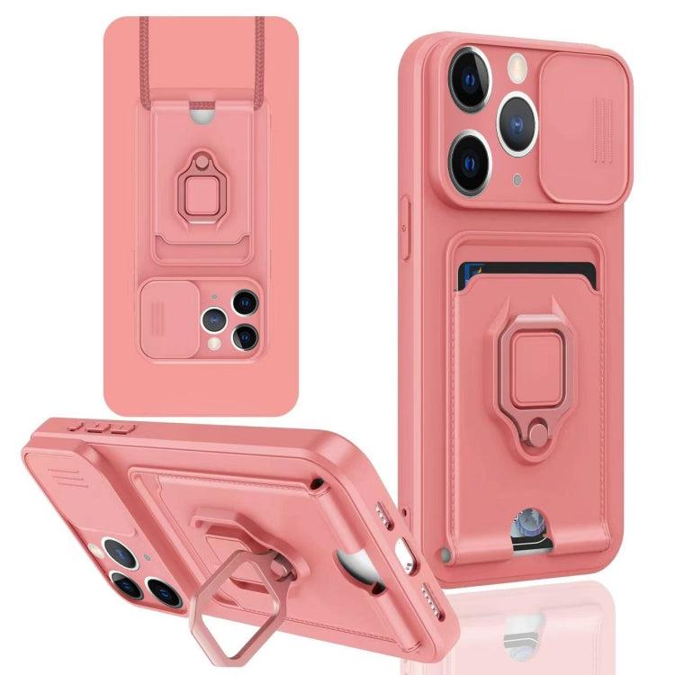 For iPhone 11 Pro Max Sliding Camshield Magnetic Card Holder Silicone Phone Case - Pink