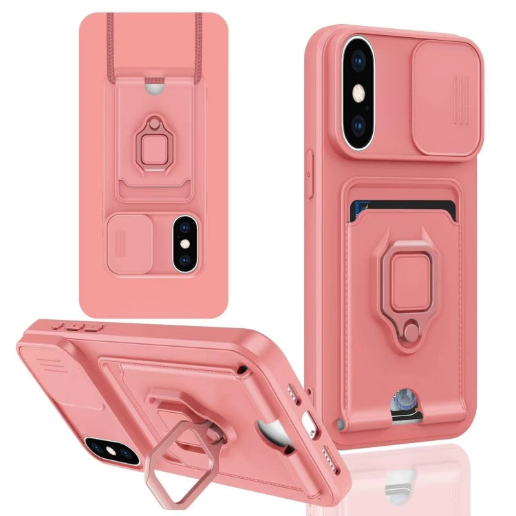 For iPhone XS Max Sliding Camshield Magnetic Card Holder Silicone Phone Case - Pink