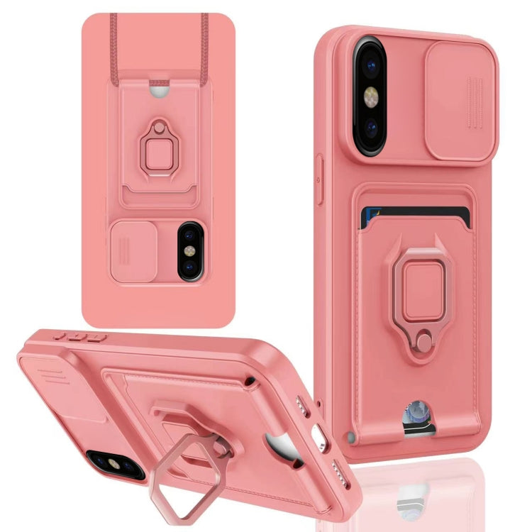 For iPhone X / XSS Sliding Camshield Magnetic Card Holder Silicone Phone Case - Pink
