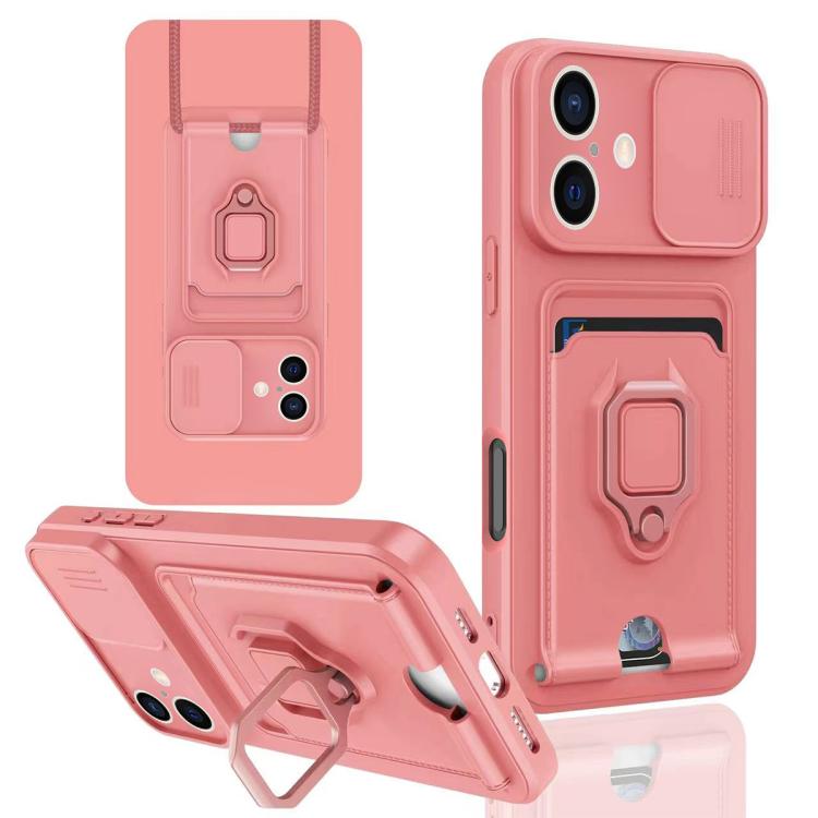 For iPhone 16 Sliding Camshield Magnetic Card Holder Silicone Phone Case - Pink