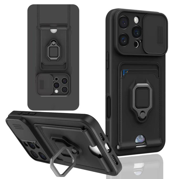 For iPhone 16 Pro Sliding Camshield Magnetic Card Holder Silicone Phone Case