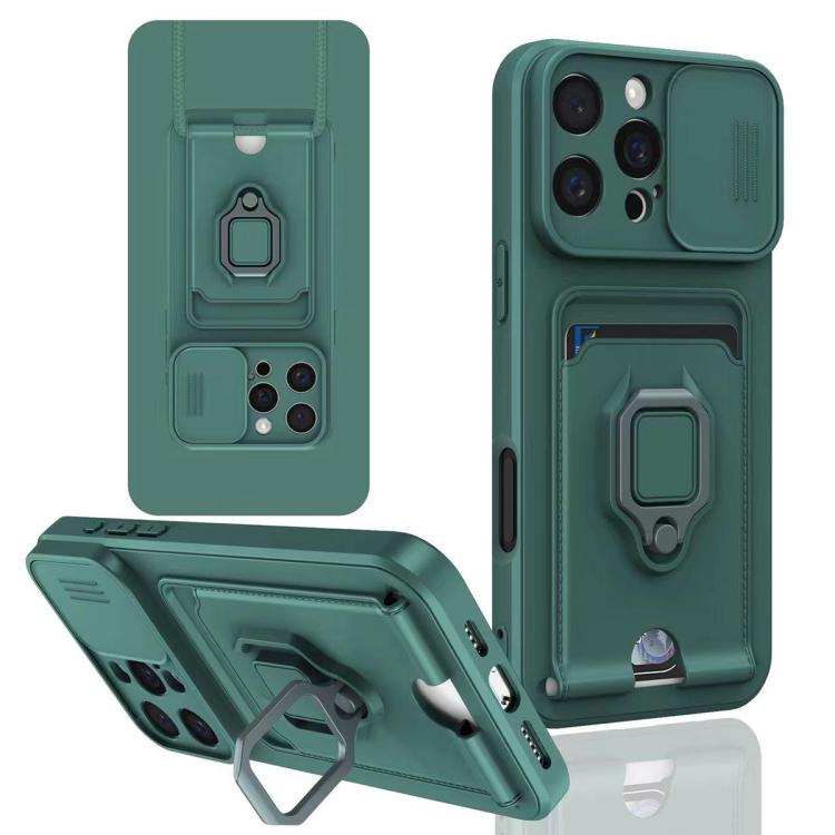 For iPhone 16 Pro Sliding Camshield Magnetic Card Holder Silicone Phone Case