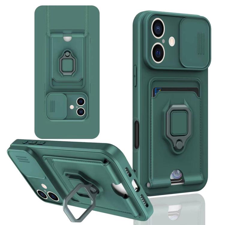 For iPhone 16 Plus Sliding Camshield Magnetic Card Holder Silicone Phone Case
