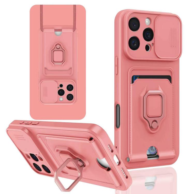 For iPhone 16 Pro Max Sliding Camshield Magnetic Card Holder Silicone Phone Case - Pink