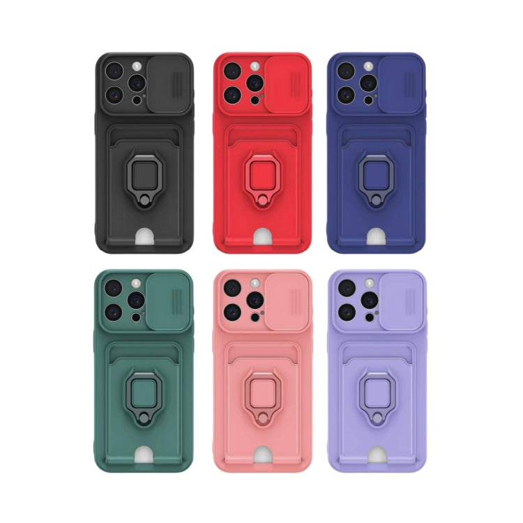 For iPhone 15 Pro Sliding Camshield Magnetic Card Holder Silicone Phone Case - Pink
