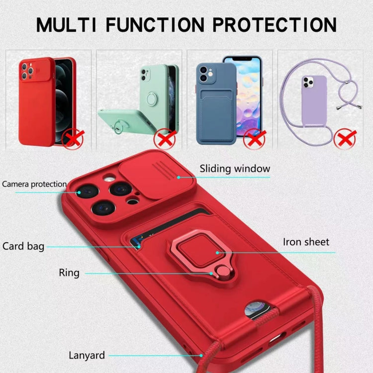 For iPhone 15 Pro Sliding Camshield Magnetic Card Holder Silicone Phone Case - Pink