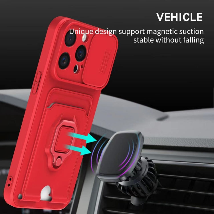 For iPhone 16 Pro Max Sliding Camshield Magnetic Card Holder Silicone Phone Case - Pink