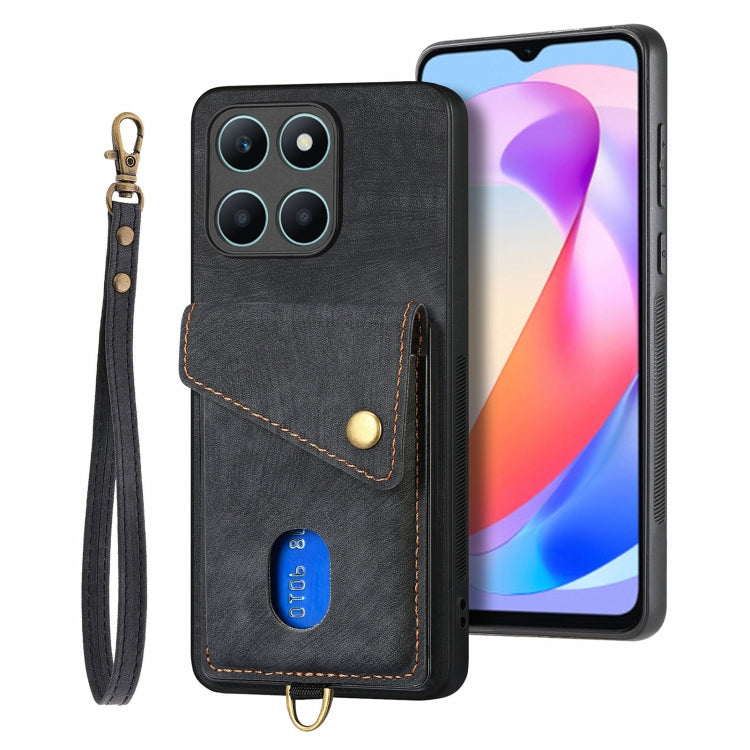 For Honor X6a Retro Card Wallet Fold Leather Phone Case with Strap