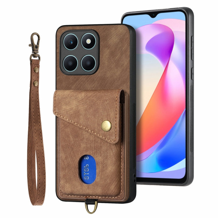 For Honor X6a Retro Card Wallet Fold Leather Phone Case with Strap