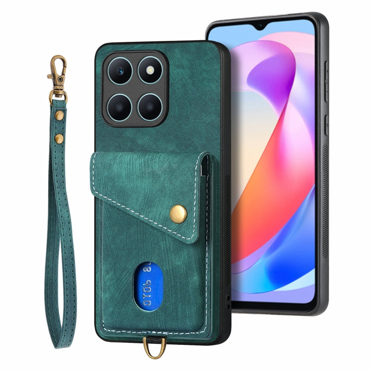 For Honor X6a Retro Card Wallet Fold Leather Phone Case with Strap