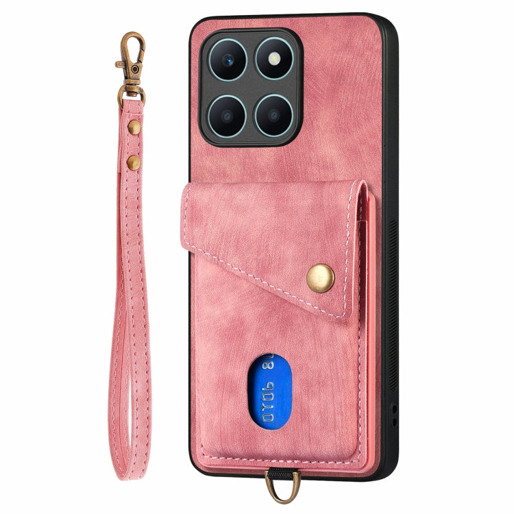 For Honor X6a Retro Card Wallet Fold Leather Phone Case with Strap