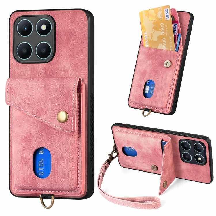 For Honor X6a Retro Card Wallet Fold Leather Phone Case with Strap
