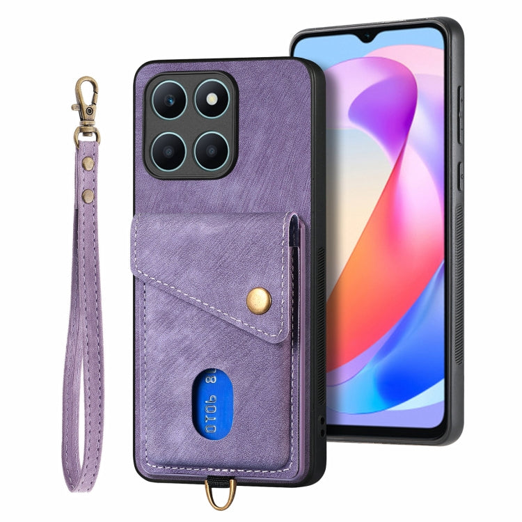 For Honor X6a Retro Card Wallet Fold Leather Phone Case with Strap