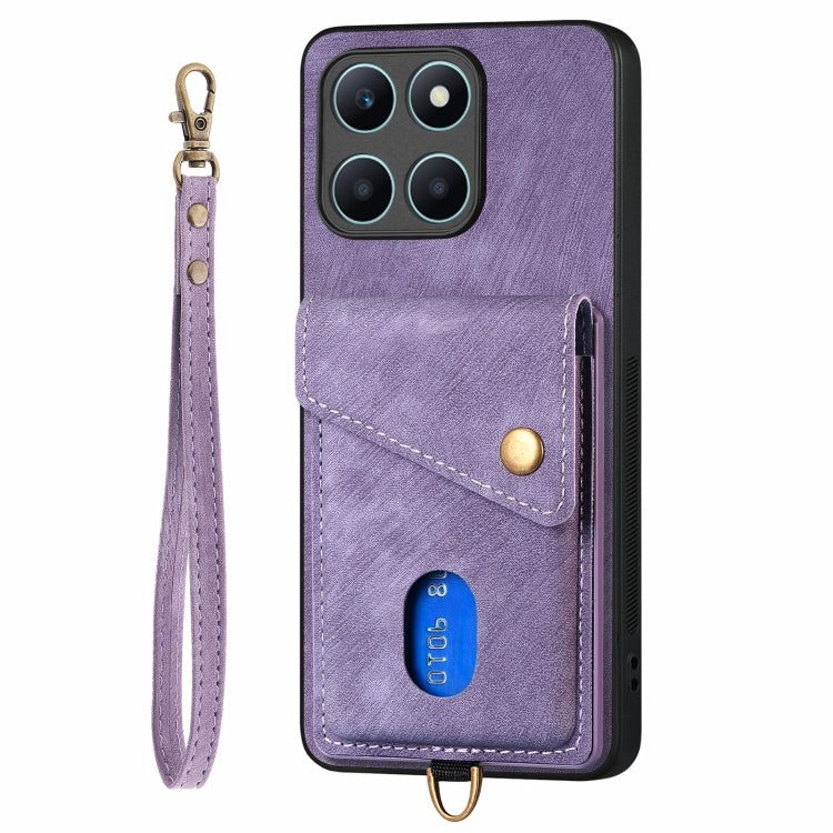 For Honor X6a Retro Card Wallet Fold Leather Phone Case with Strap