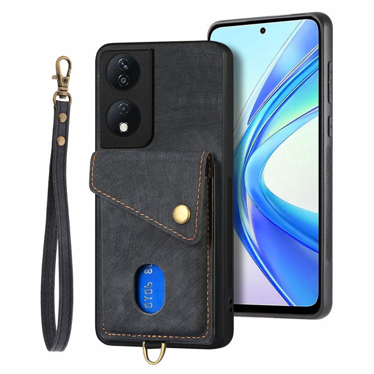 For Honor X7b Retro Card Wallet Fold Leather Phone Case with Strap
