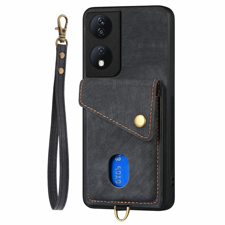 For Honor X7b Retro Card Wallet Fold Leather Phone Case with Strap