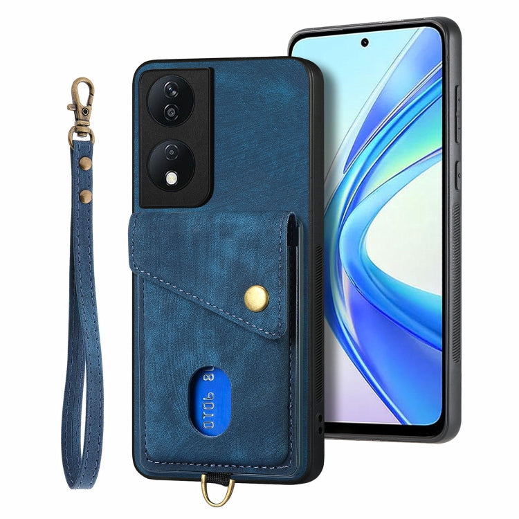 For Honor X7b Retro Card Wallet Fold Leather Phone Case with Strap