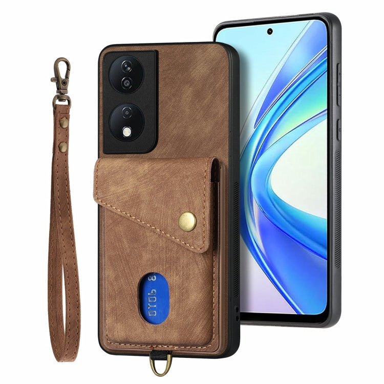 For Honor X7b Retro Card Wallet Fold Leather Phone Case with Strap