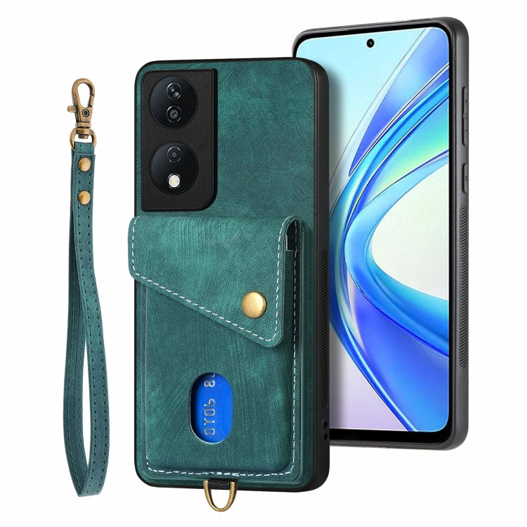 For Honor X7b Retro Card Wallet Fold Leather Phone Case with Strap