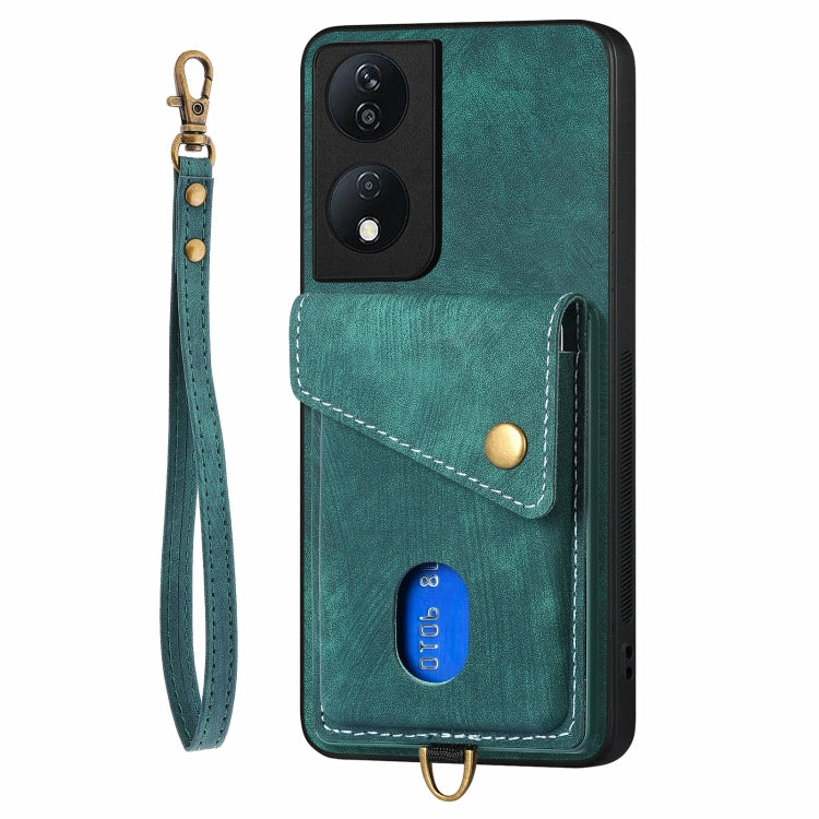 For Honor X7b Retro Card Wallet Fold Leather Phone Case with Strap