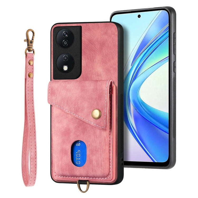 For Honor X7b Retro Card Wallet Fold Leather Phone Case with Strap