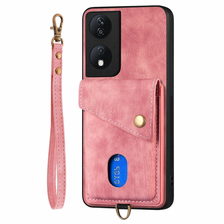 For Honor X7b Retro Card Wallet Fold Leather Phone Case with Strap