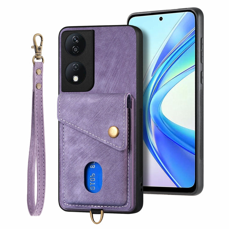 For Honor X7b Retro Card Wallet Fold Leather Phone Case with Strap