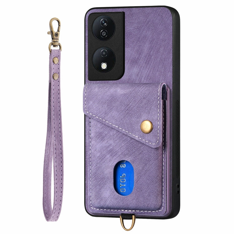 For Honor X7b Retro Card Wallet Fold Leather Phone Case with Strap