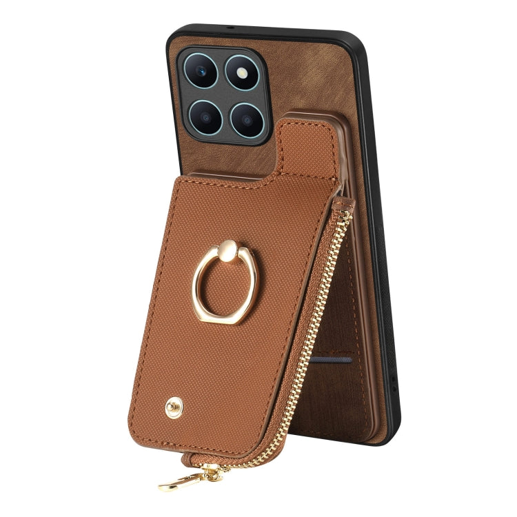 For Honor X6a Cross Leather Ring Vertical Zipper Wallet Back Phone Case