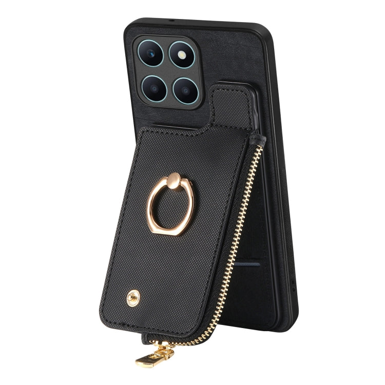 For Honor X6a Cross Leather Ring Vertical Zipper Wallet Back Phone Case