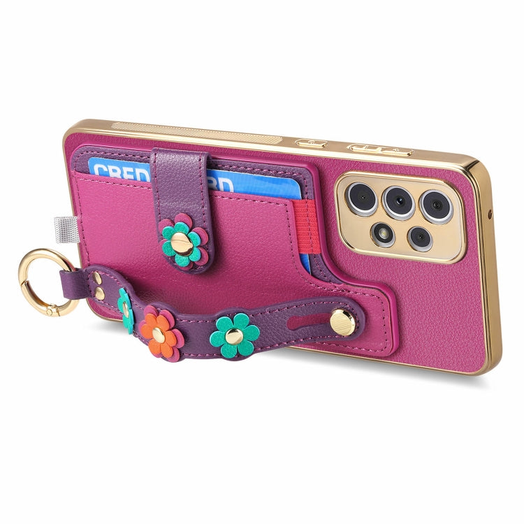 For Samsung Galaxy A33 5G Stereoscopic Flowers Wristband Card Bag Phone Case