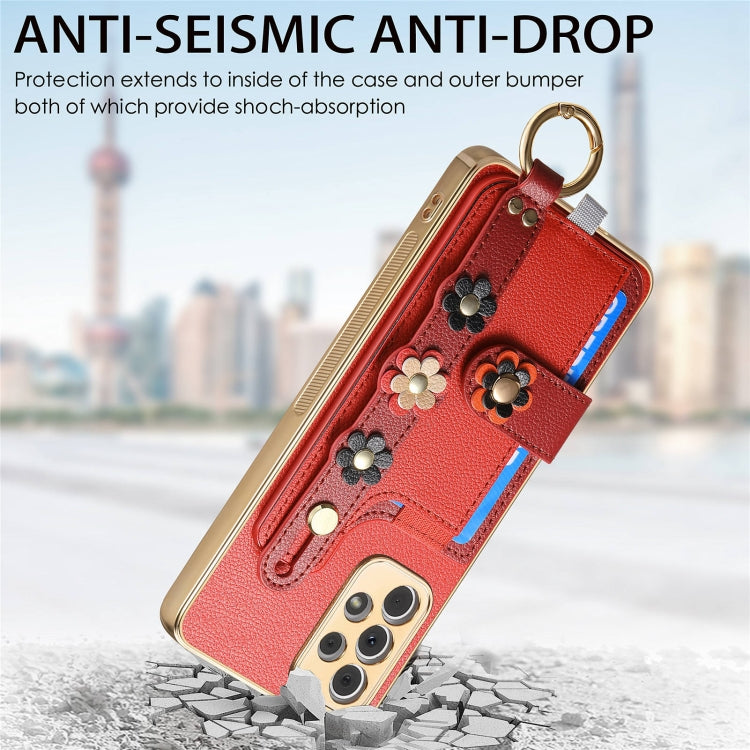 For Samsung Galaxy A33 5G Stereoscopic Flowers Wristband Card Bag Phone Case