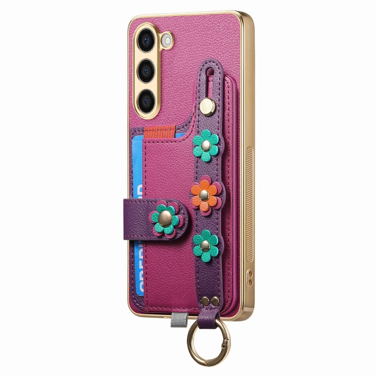 For Samsung Galaxy S23+ 5G Stereoscopic Flowers Wristband Card Bag Phone Case