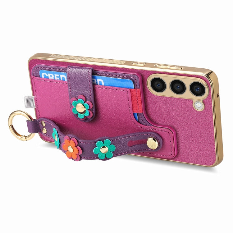 For Samsung Galaxy S23+ 5G Stereoscopic Flowers Wristband Card Bag Phone Case