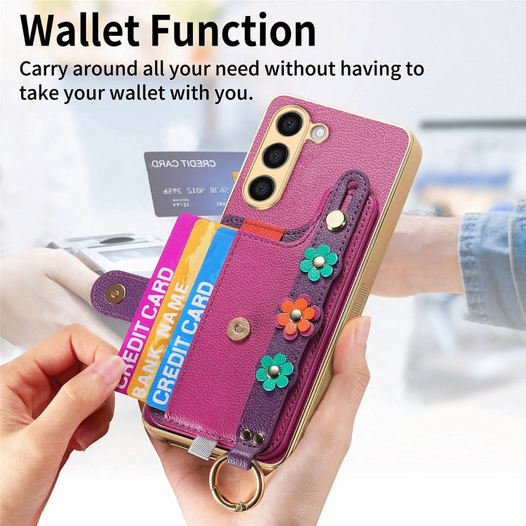 For Samsung Galaxy S23+ 5G Stereoscopic Flowers Wristband Card Bag Phone Case
