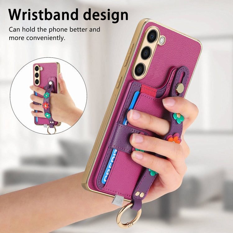 For Samsung Galaxy S23+ 5G Stereoscopic Flowers Wristband Card Bag Phone Case