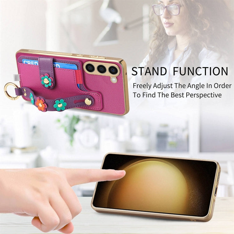 For Samsung Galaxy S23+ 5G Stereoscopic Flowers Wristband Card Bag Phone Case