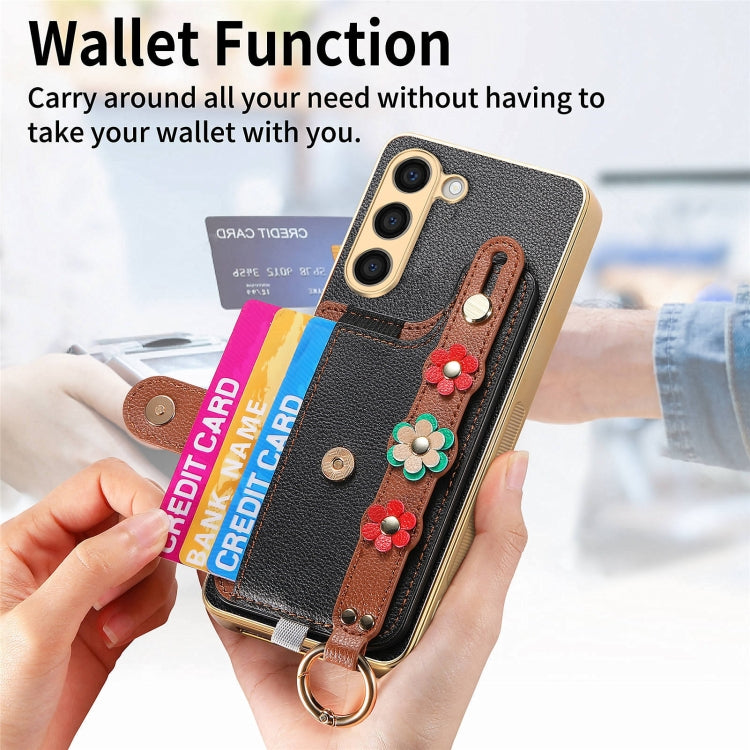 For Samsung Galaxy S23+ 5G Stereoscopic Flowers Wristband Card Bag Phone Case