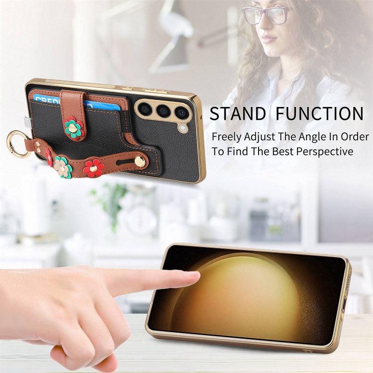 For Samsung Galaxy S23+ 5G Stereoscopic Flowers Wristband Card Bag Phone Case
