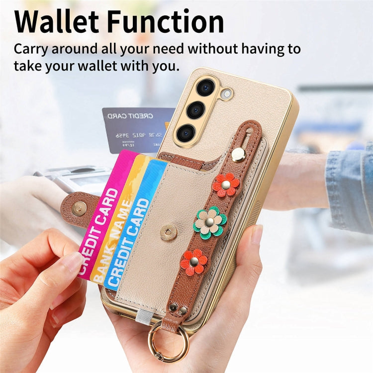 For Samsung Galaxy S23+ 5G Stereoscopic Flowers Wristband Card Bag Phone Case