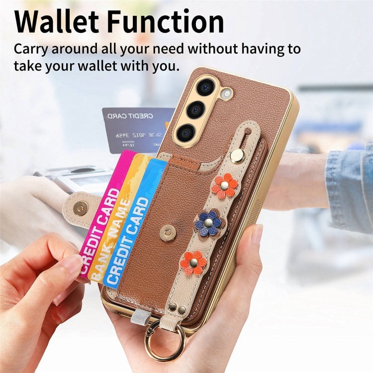 For Samsung Galaxy S23+ 5G Stereoscopic Flowers Wristband Card Bag Phone Case