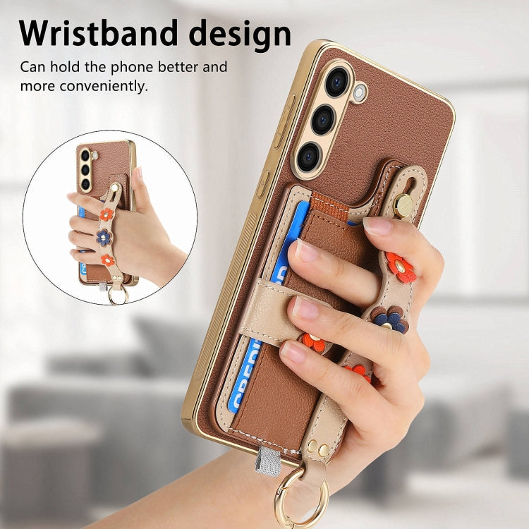 For Samsung Galaxy S23+ 5G Stereoscopic Flowers Wristband Card Bag Phone Case