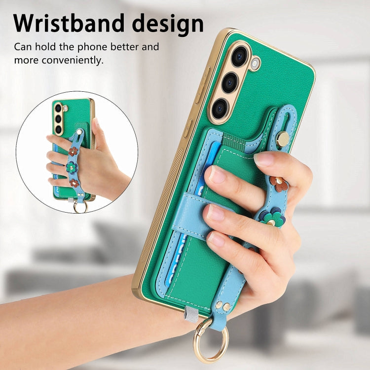 For Samsung Galaxy S23+ 5G Stereoscopic Flowers Wristband Card Bag Phone Case