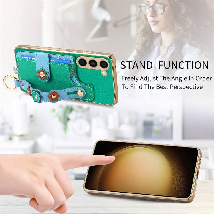 For Samsung Galaxy S23+ 5G Stereoscopic Flowers Wristband Card Bag Phone Case