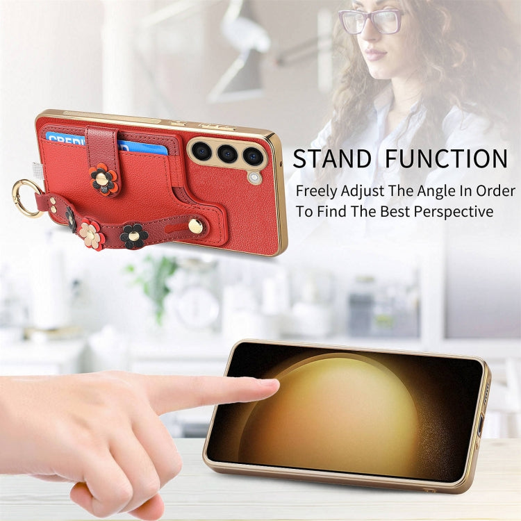 For Samsung Galaxy S23+ 5G Stereoscopic Flowers Wristband Card Bag Phone Case