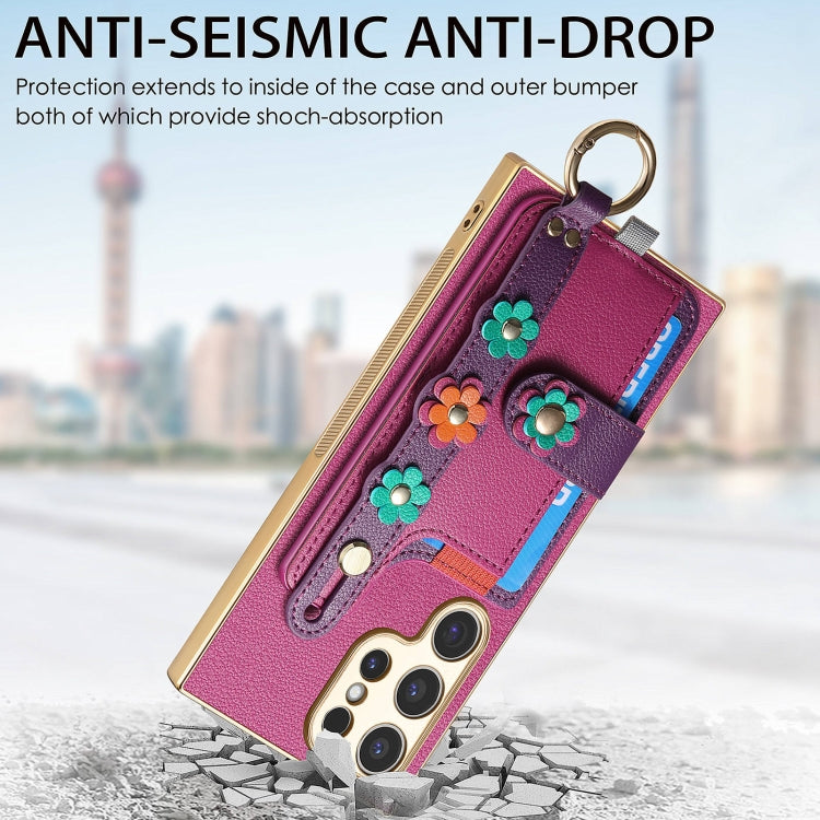 For Samsung Galaxy S23 Ultra 5G Stereoscopic Flowers Wristband Card Bag Phone Case